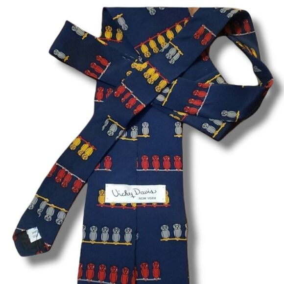 VICKY Davis Wise Owl Navy Silk Tie‎ - Picture 2 of 4